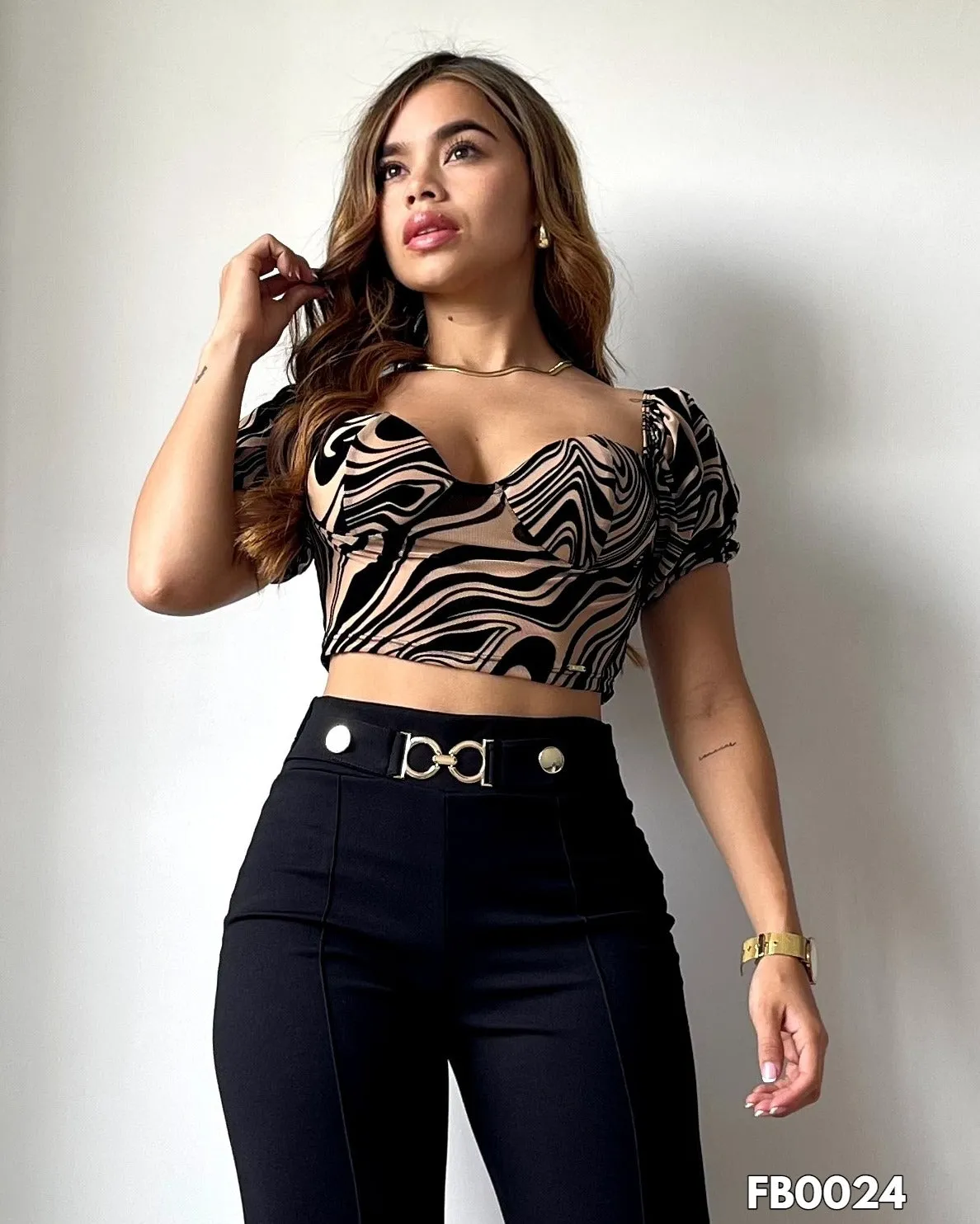Nude and Black Crop Top with Wavy Velvet Stripes