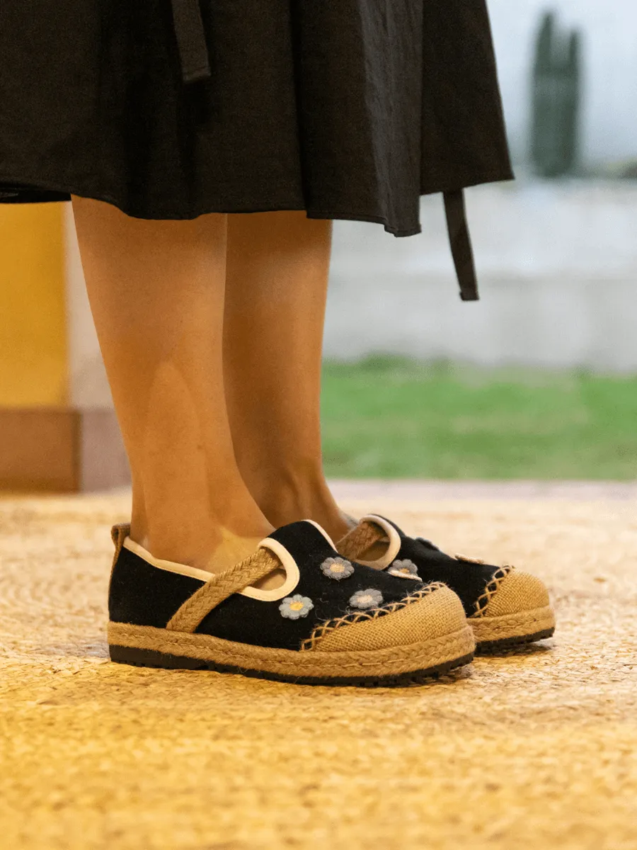 Paloma Daisy Applique Linen Loafer - Black
