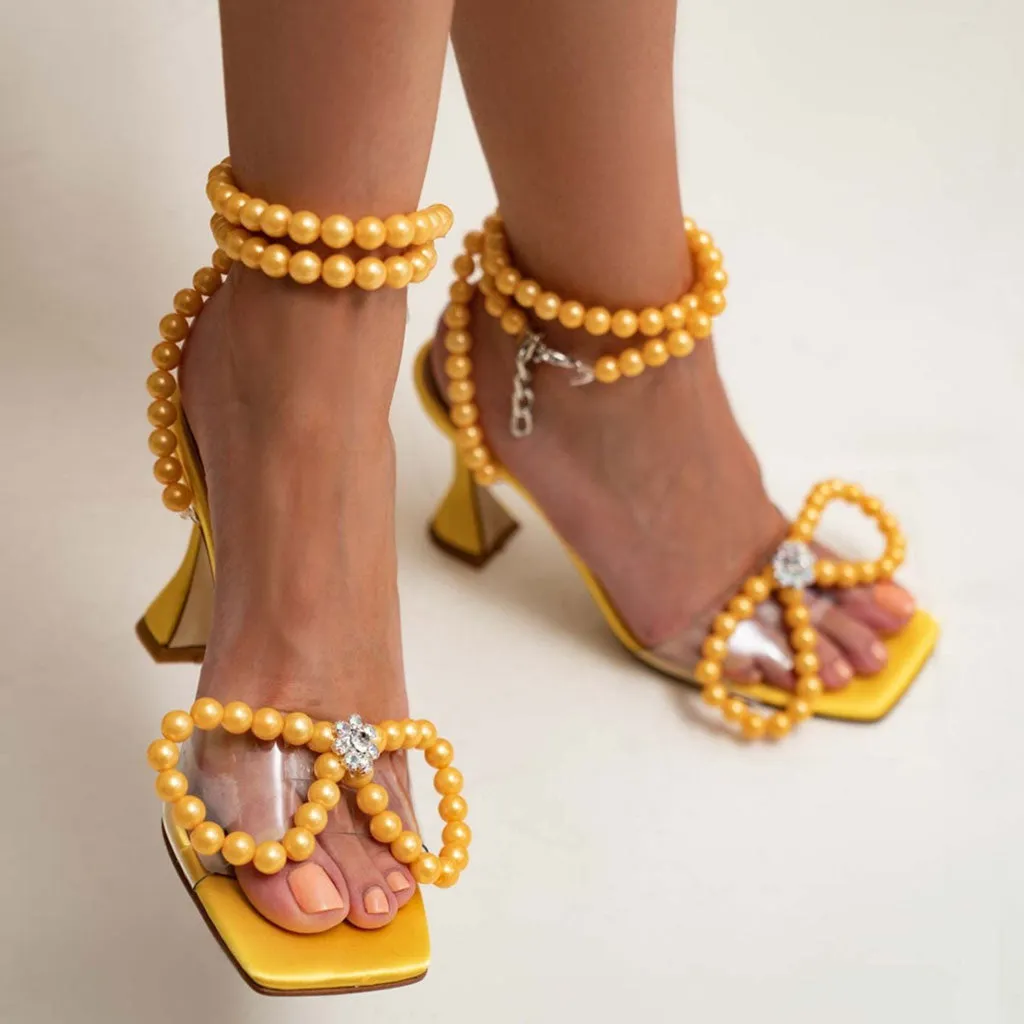 Pearl Strap Unique High Heels Butterfly Sandals - Yellow