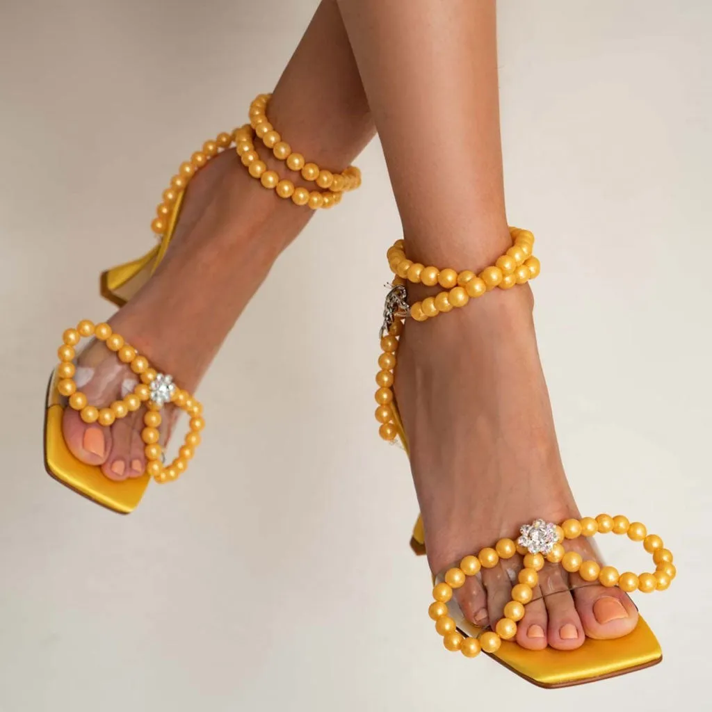 Pearl Strap Unique High Heels Butterfly Sandals - Yellow