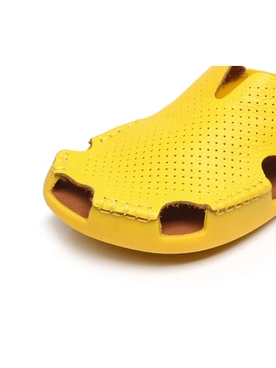 Perforated Cut-Out Genuine Leather Mule - Yellow