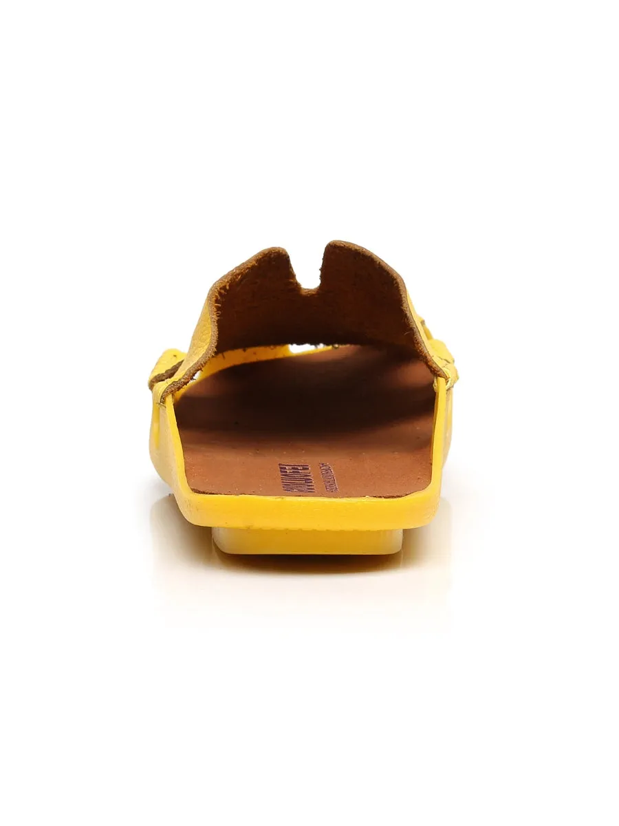Perforated Cut-Out Genuine Leather Mule - Yellow