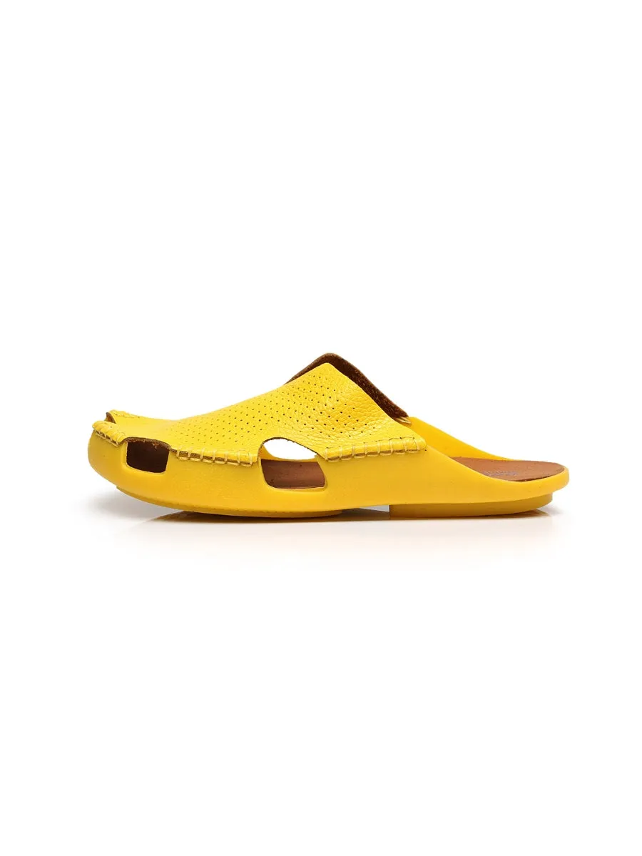 Perforated Cut-Out Genuine Leather Mule - Yellow