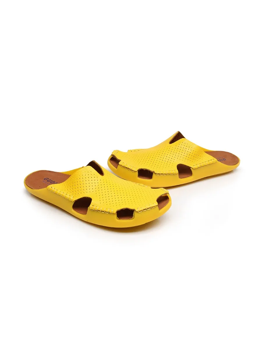 Perforated Cut-Out Genuine Leather Mule - Yellow