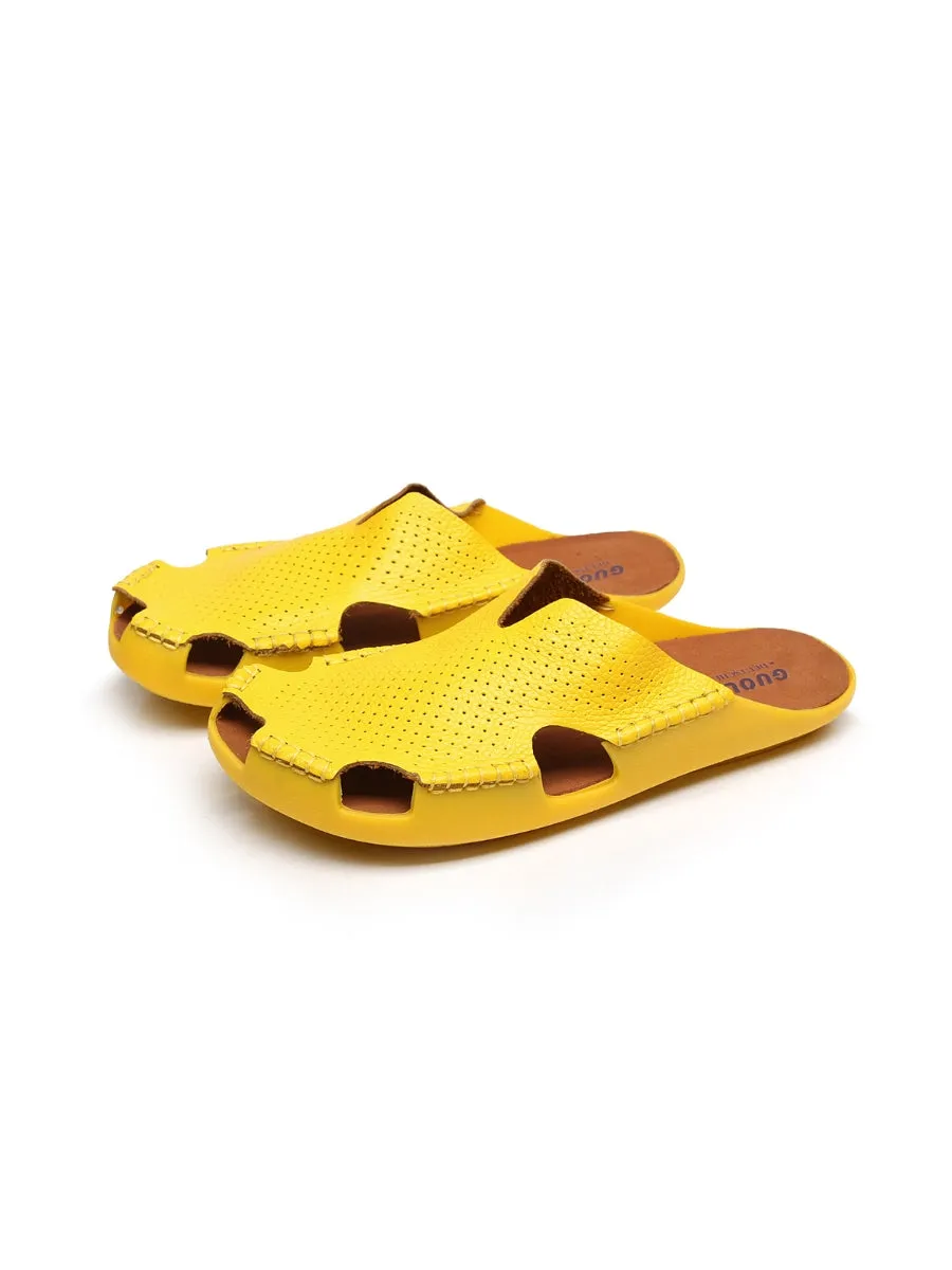 Perforated Cut-Out Genuine Leather Mule - Yellow
