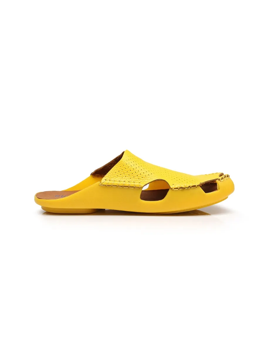 Perforated Cut-Out Genuine Leather Mule - Yellow