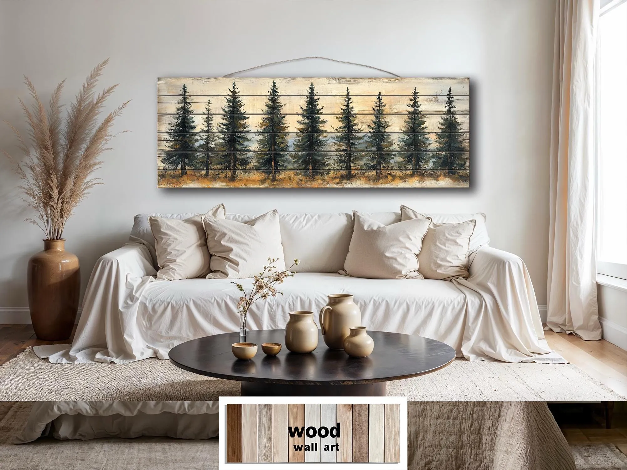 Pine Tree Forest Real Wood Long Horizontal Wall Art