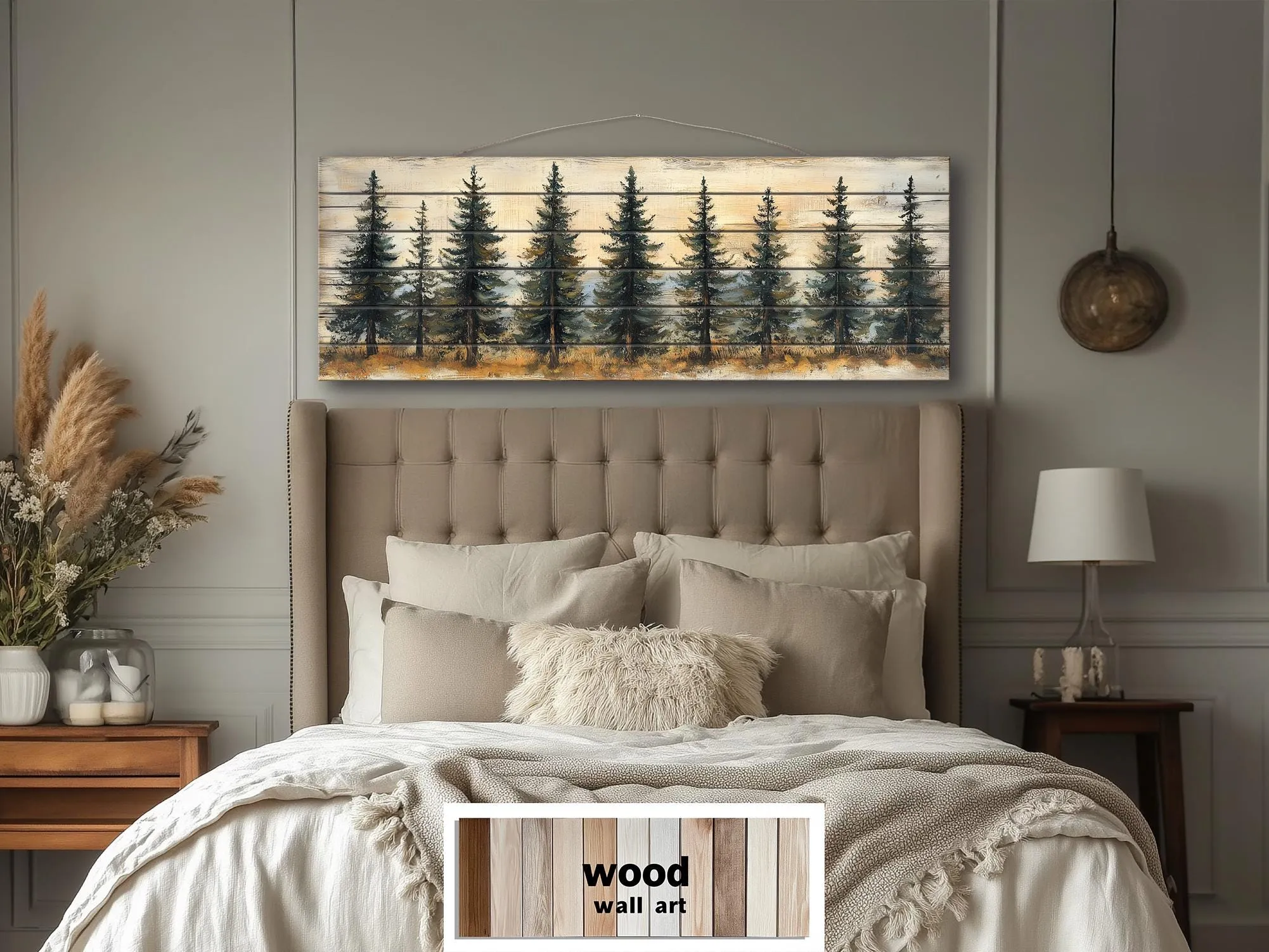Pine Tree Forest Real Wood Long Horizontal Wall Art