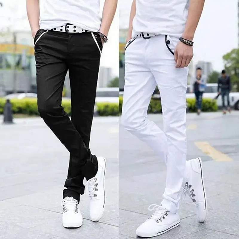 Punk Style Slim Fit Denim Pants with High Stretch and Chain Detail - Mid Waist