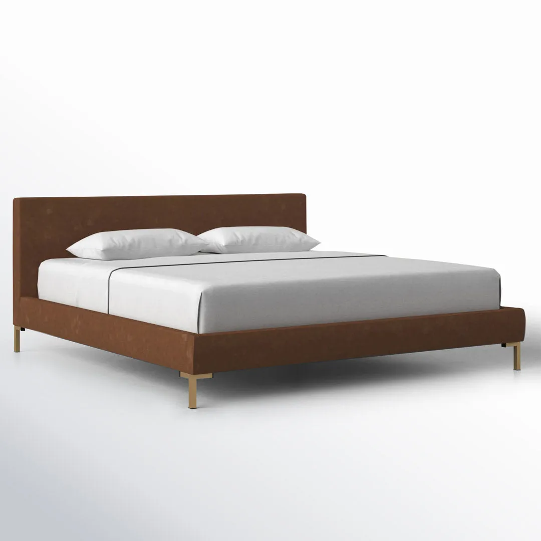 Rand Vegan Leather Bed AllModern Color: Zuma Golden Textured Linen, Leg Color: Brass Size: Queen