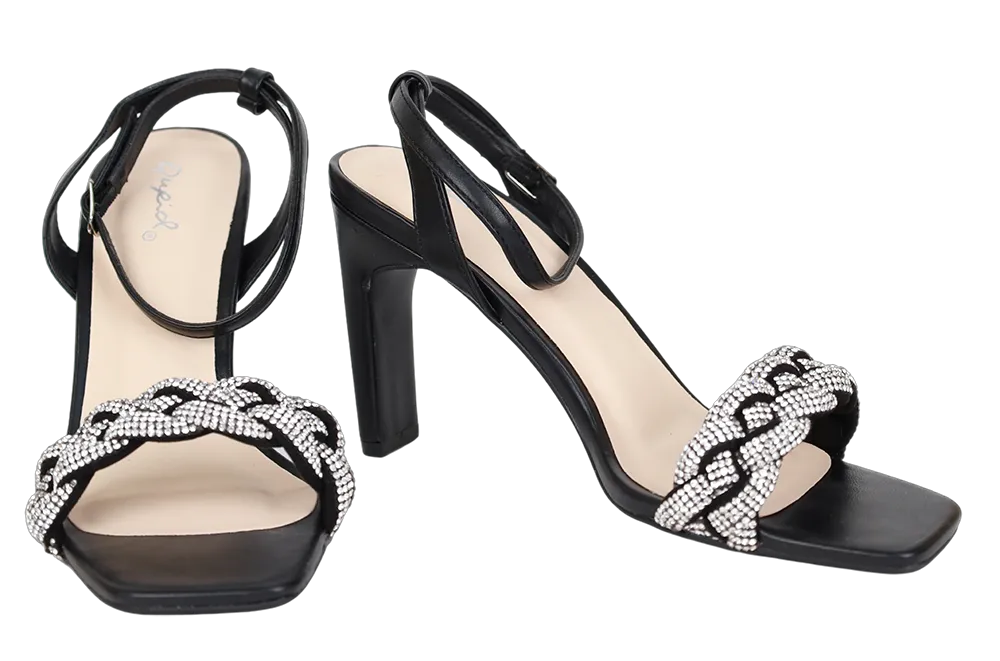 Rhinestone Braided Strappy Heel -Black