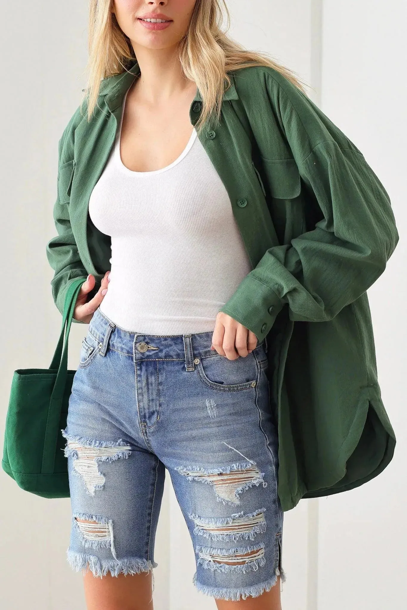 Ripped Destroyed Mid Rise Denim Bermuda