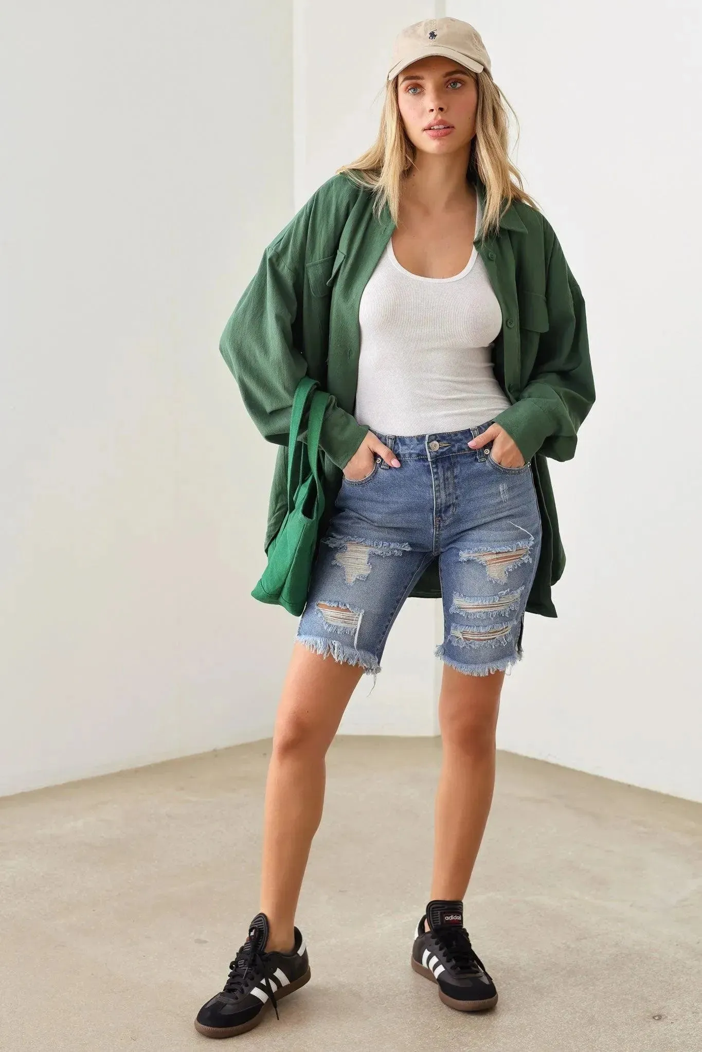 Ripped Destroyed Mid Rise Denim Bermuda
