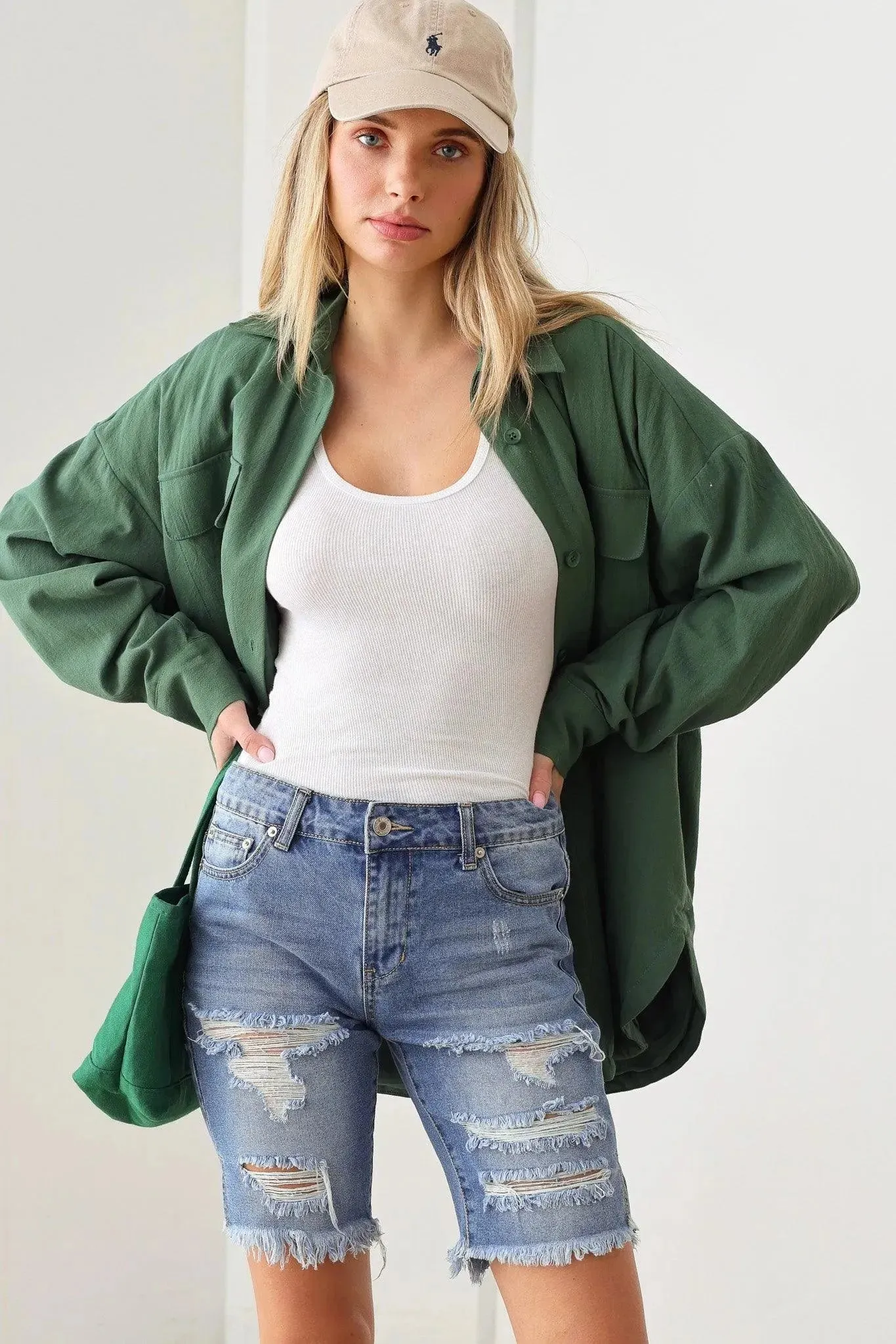 Ripped Destroyed Mid Rise Denim Bermuda