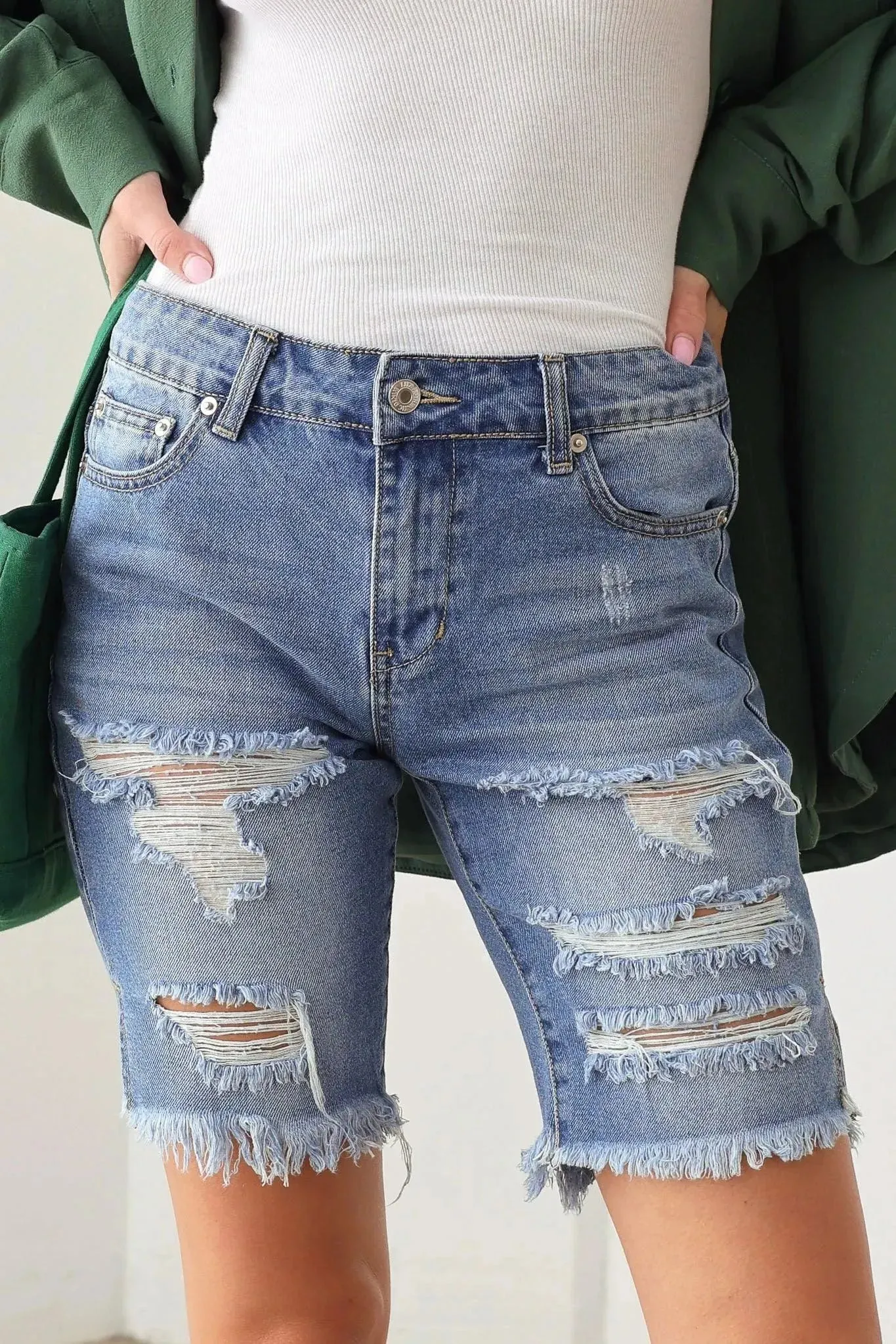Ripped Destroyed Mid Rise Denim Bermuda