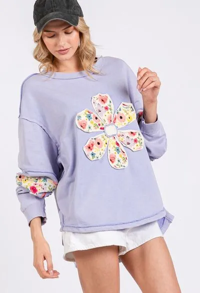 SAGE   FIG Daisy Patch Applique Long Sleeve Sweatshirt