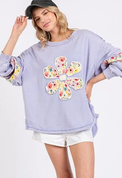 SAGE   FIG Daisy Patch Applique Long Sleeve Sweatshirt