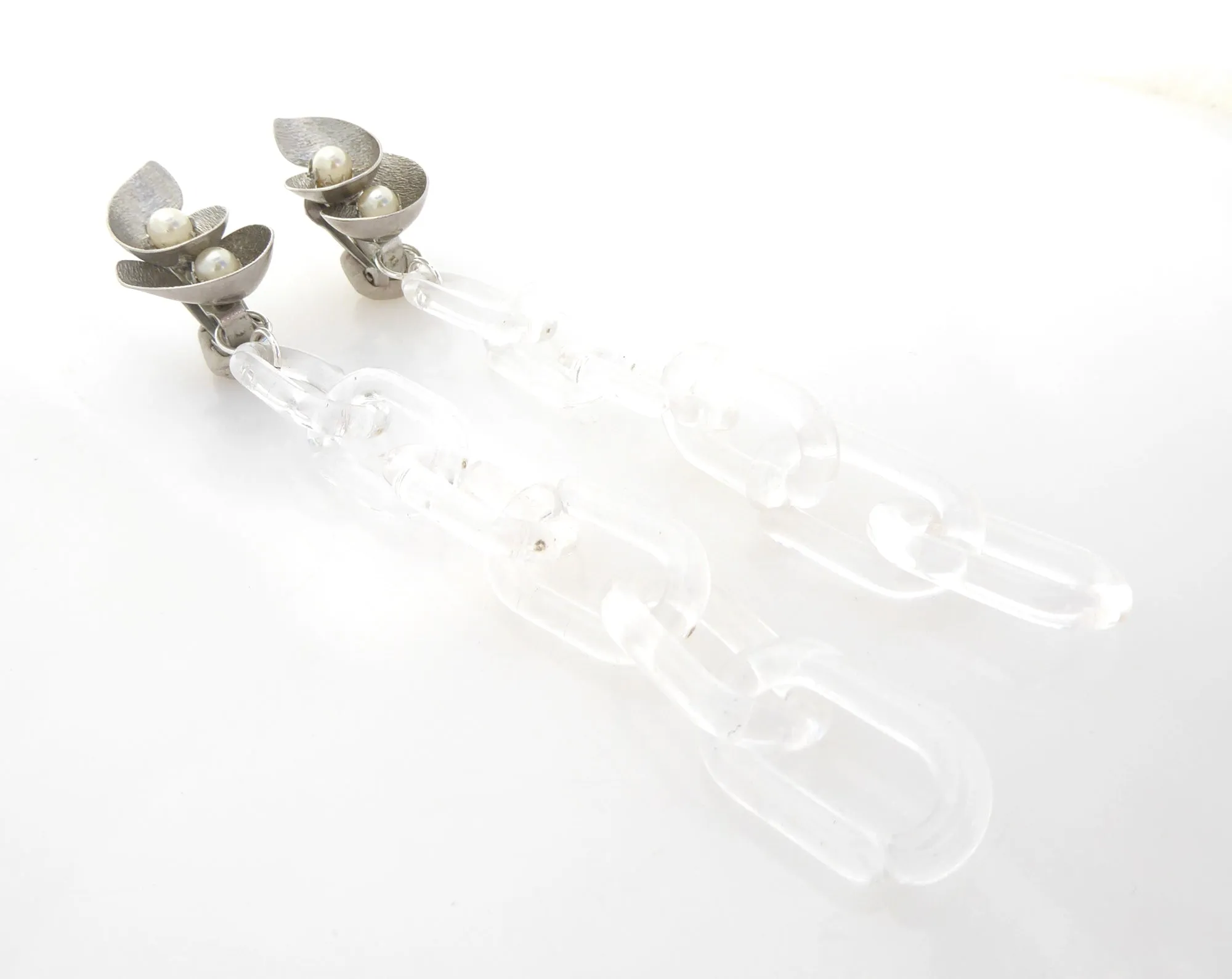 Silver spiral and clear chain earrings
