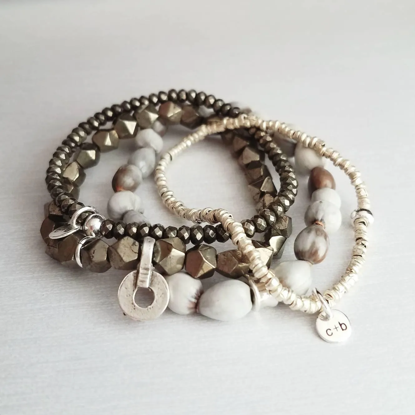 Stacking Bracelet Set - pyrite gold stone grey silver seed beads - chunk nugget stretch elastic bangle - African Imfibinga Zulu Job's Tears