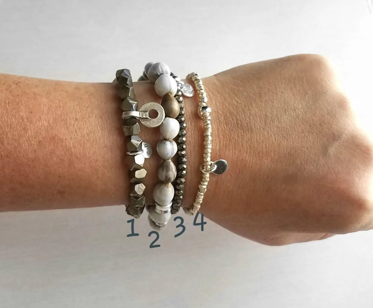 Stacking Bracelet Set - pyrite gold stone grey silver seed beads - chunk nugget stretch elastic bangle - African Imfibinga Zulu Job's Tears