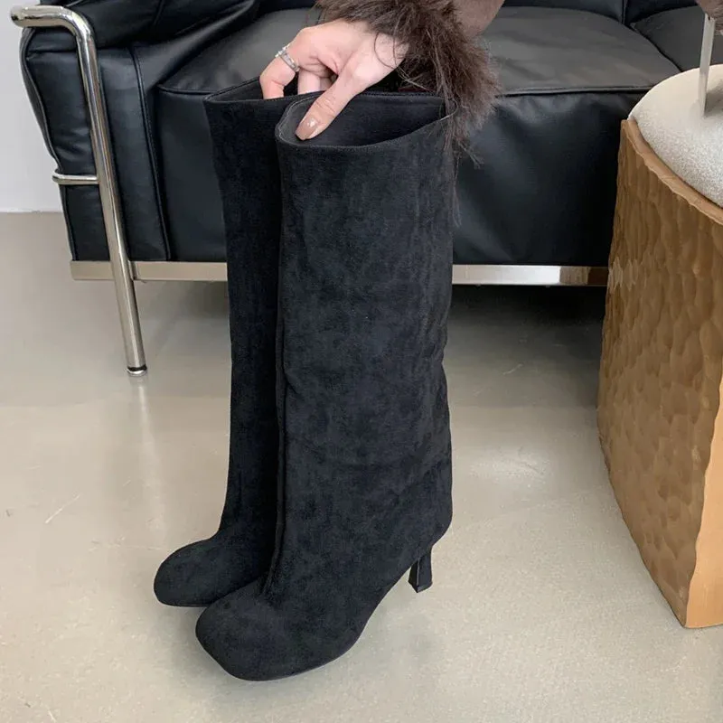 Street Style Round Toe Knee-High Women Boots – Punk Thin High Heels, Female Long Booties for Winter