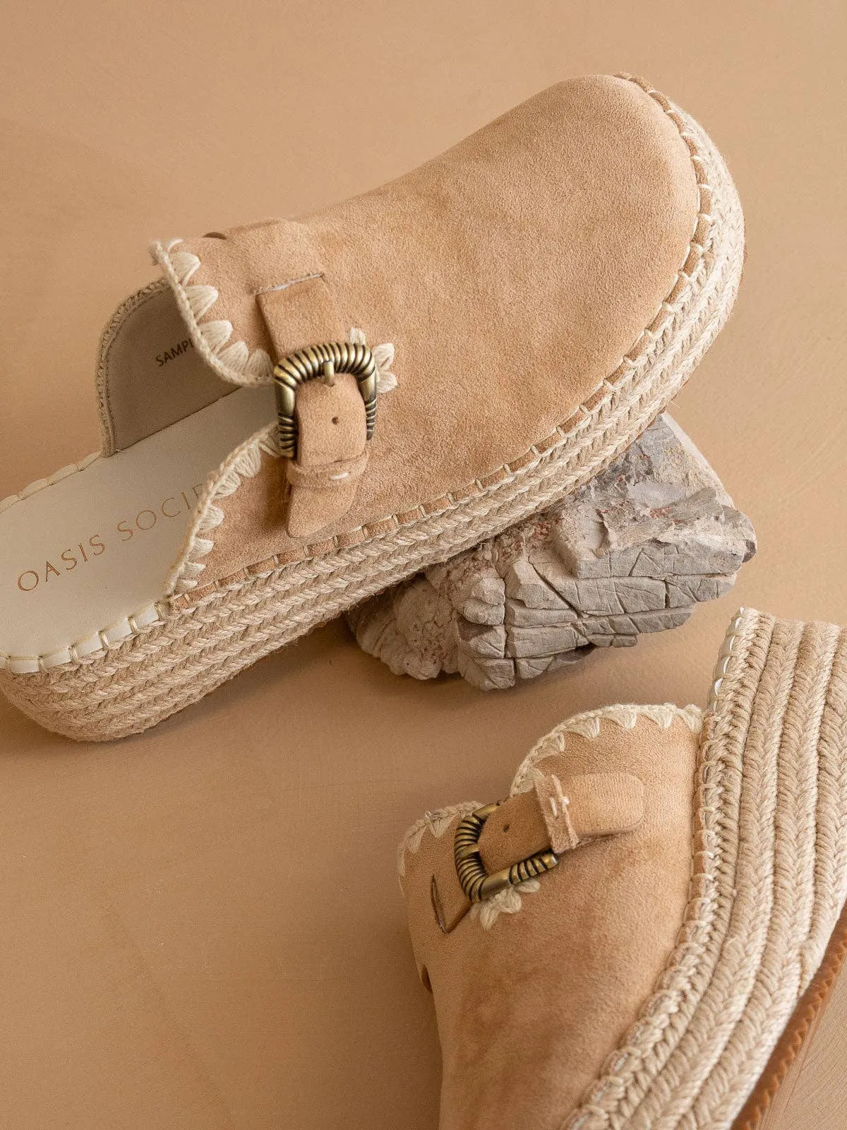 The Edith | Almond Clog Raffia Mule with Western Buckles