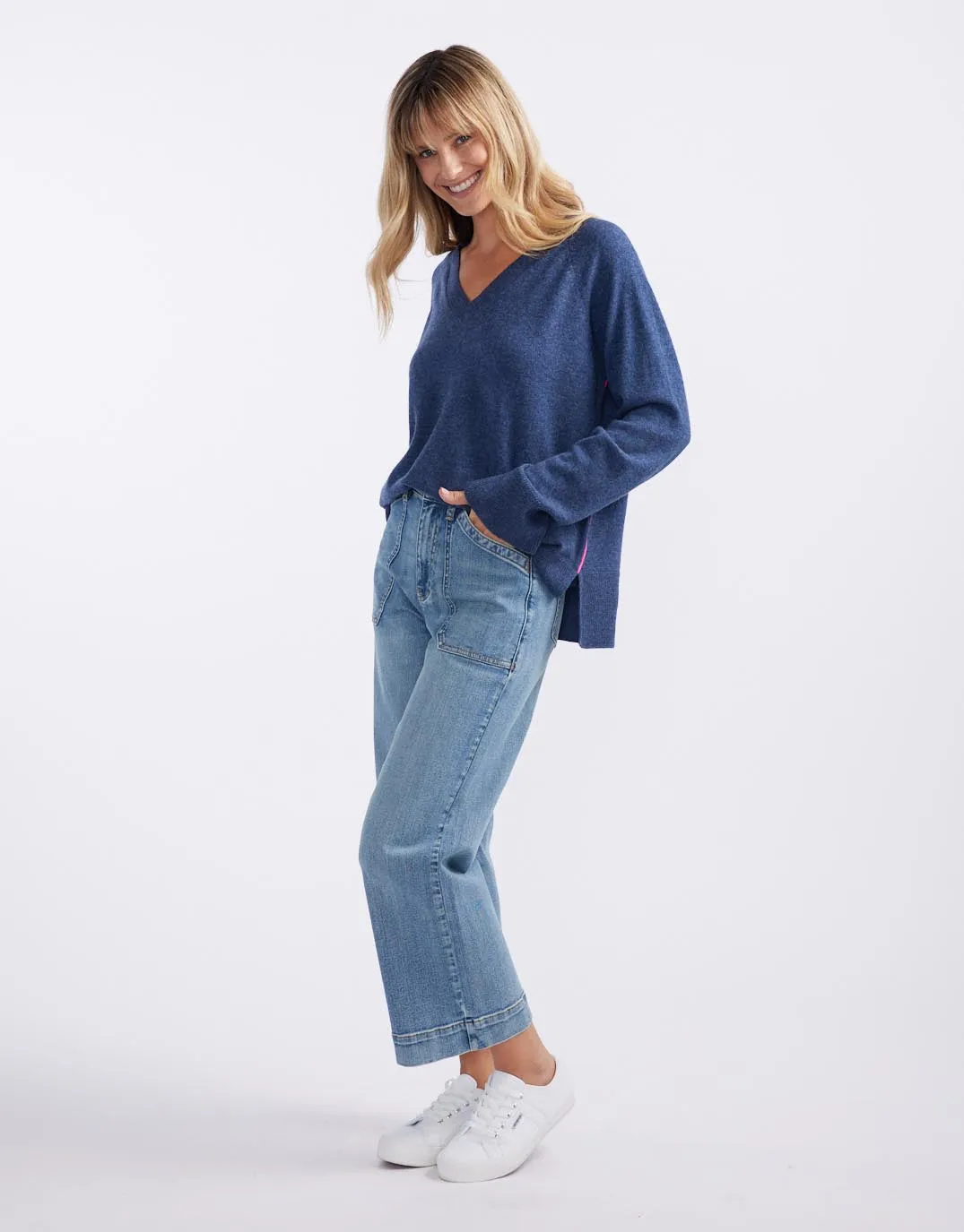 The French Quarter Wool Cashmere V Neck Knit Jumper - Denim/Neon Pink