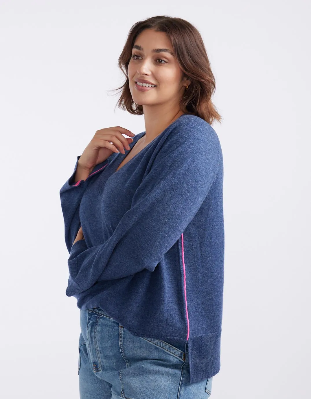 The French Quarter Wool Cashmere V Neck Knit Jumper - Denim/Neon Pink