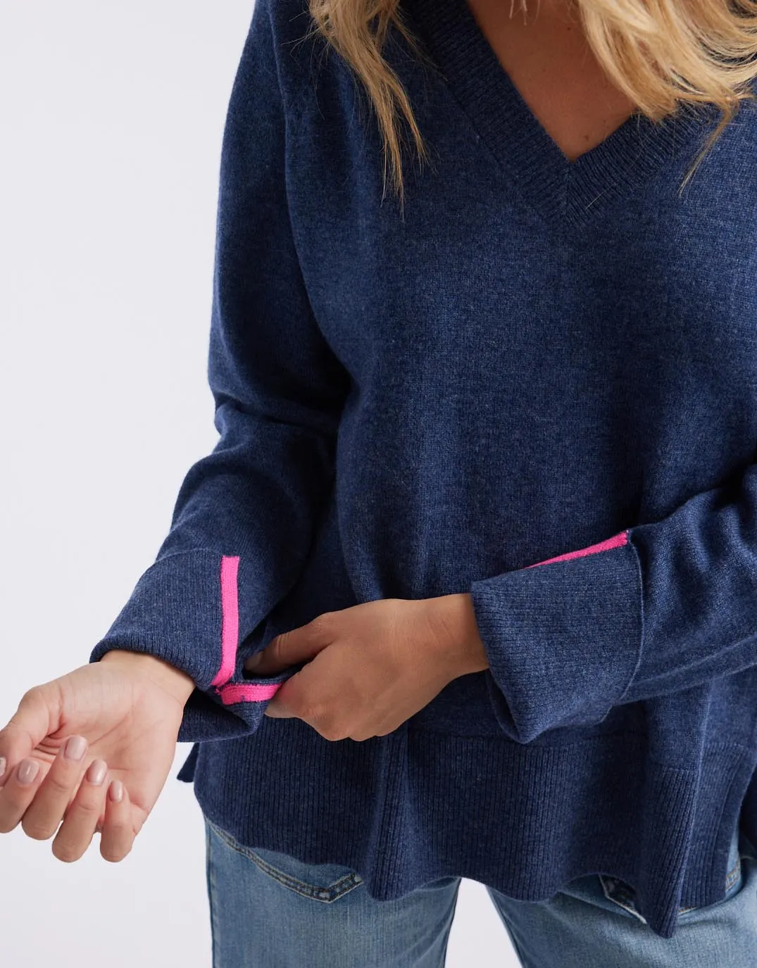 The French Quarter Wool Cashmere V Neck Knit Jumper - Denim/Neon Pink