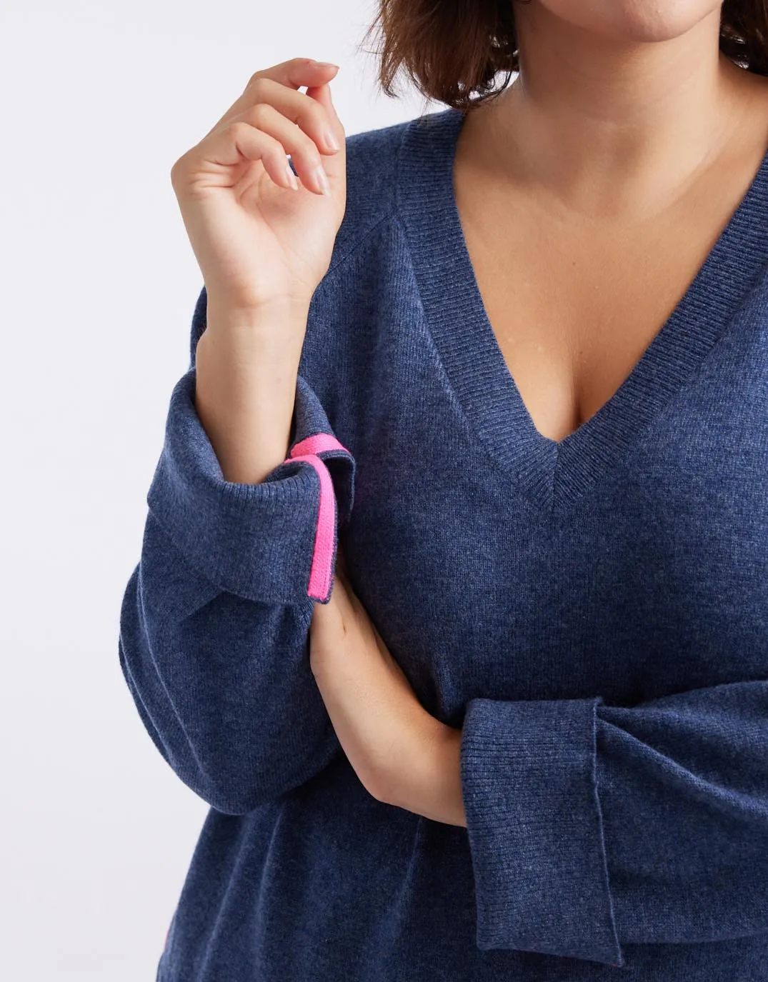 The French Quarter Wool Cashmere V Neck Knit Jumper - Denim/Neon Pink
