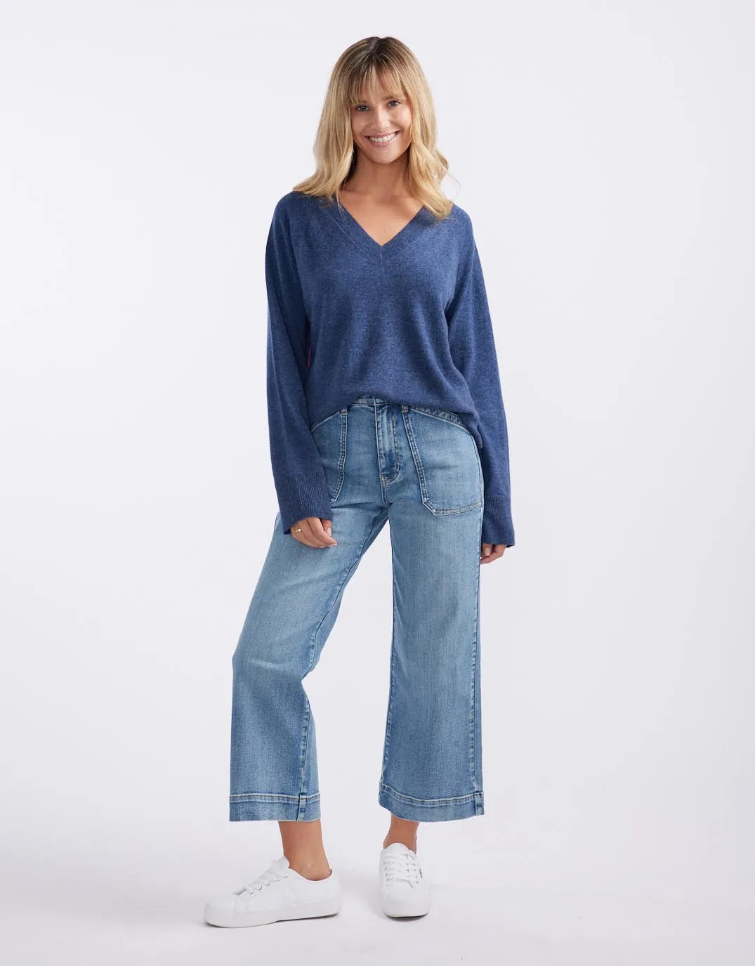 The French Quarter Wool Cashmere V Neck Knit Jumper - Denim/Neon Pink