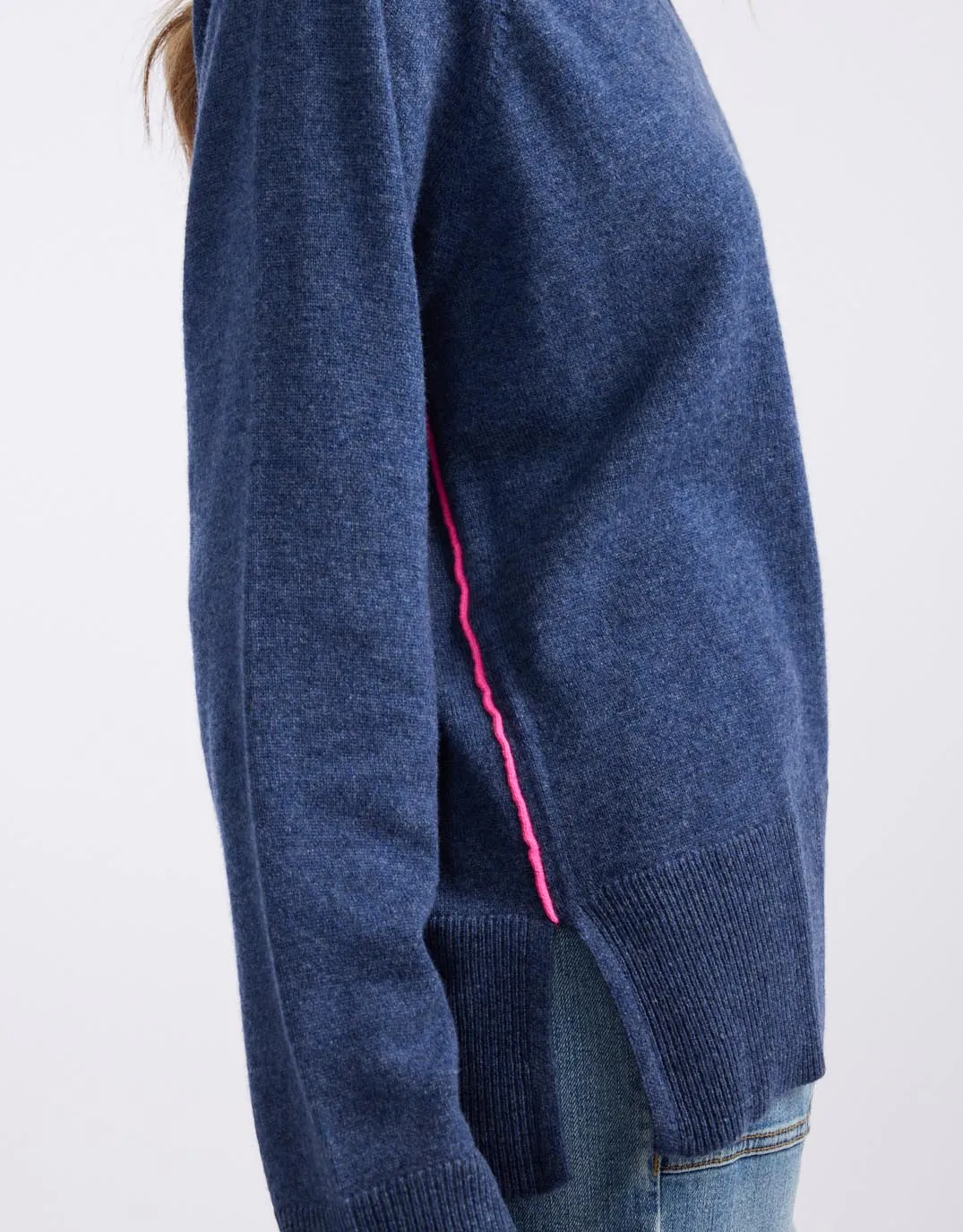 The French Quarter Wool Cashmere V Neck Knit Jumper - Denim/Neon Pink