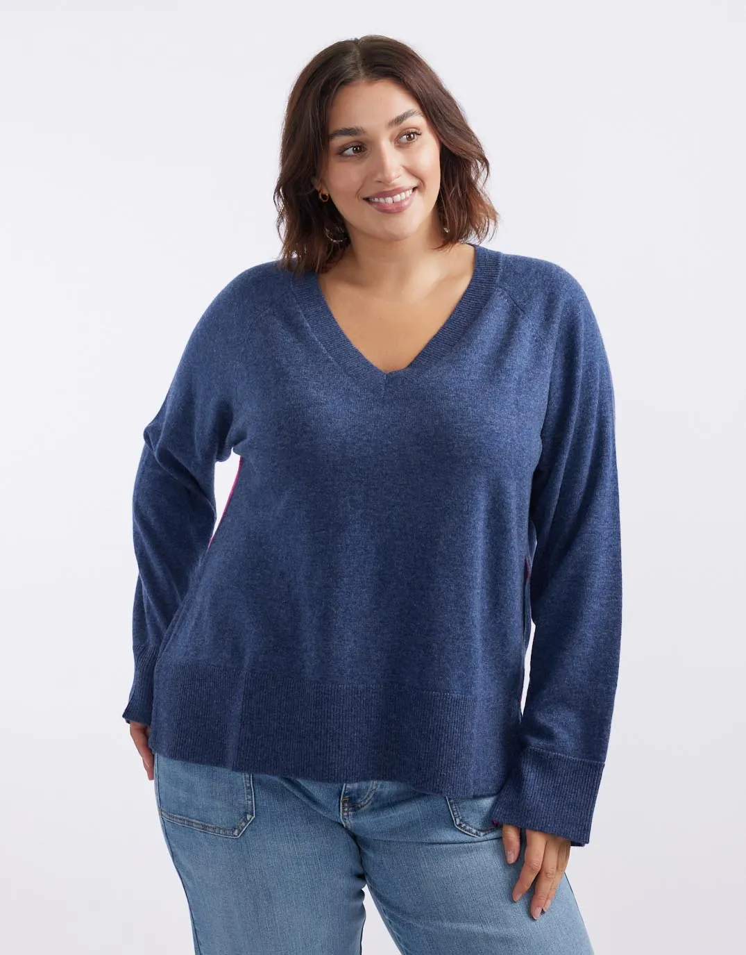 The French Quarter Wool Cashmere V Neck Knit Jumper - Denim/Neon Pink