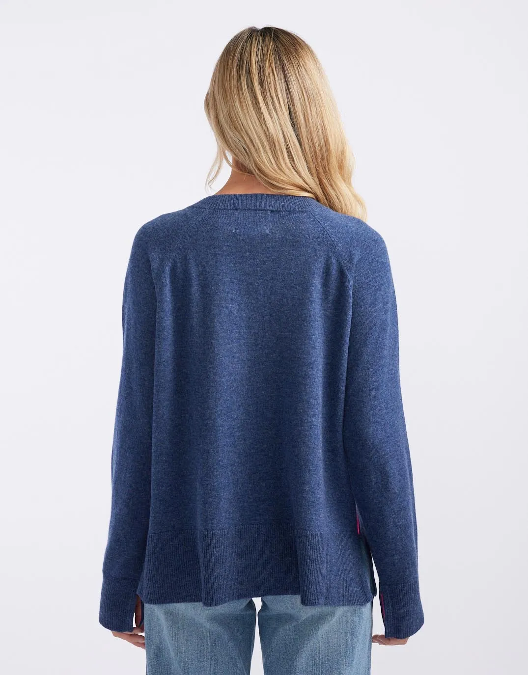 The French Quarter Wool Cashmere V Neck Knit Jumper - Denim/Neon Pink
