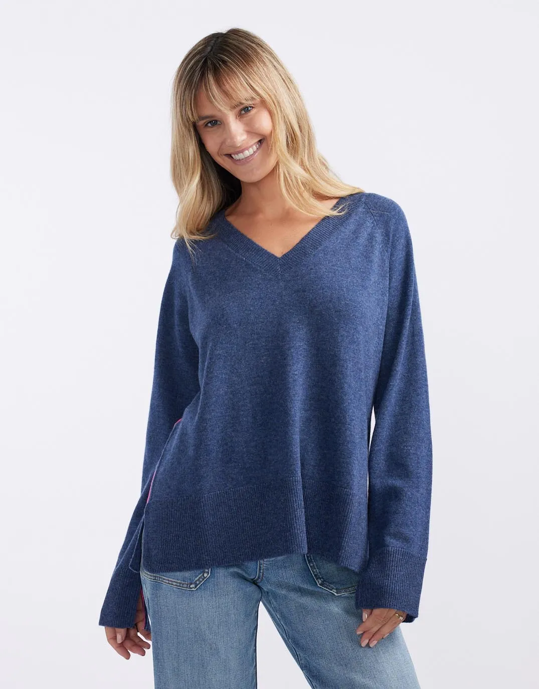 The French Quarter Wool Cashmere V Neck Knit Jumper - Denim/Neon Pink