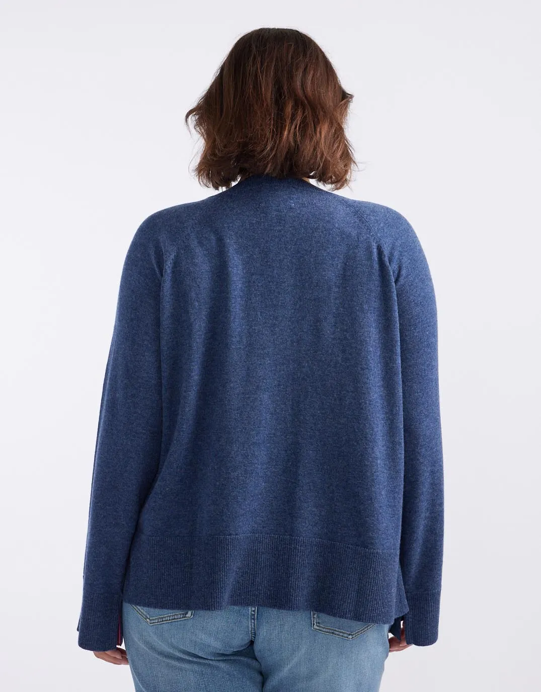 The French Quarter Wool Cashmere V Neck Knit Jumper - Denim/Neon Pink