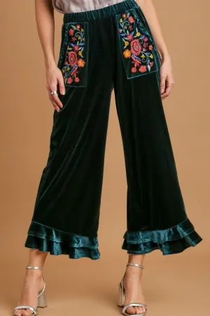 Velvet Bloom Ruffle Pants – Embroidered Pocket Wide Leg Luxe by Umgee (Full Size)
