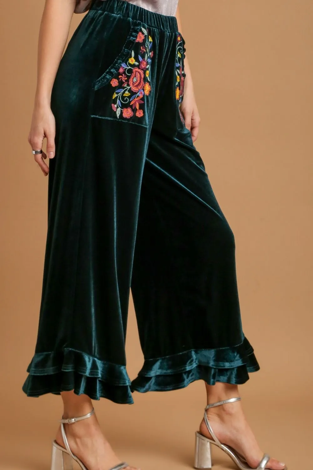 Velvet Bloom Ruffle Pants – Embroidered Pocket Wide Leg Luxe by Umgee (Full Size)