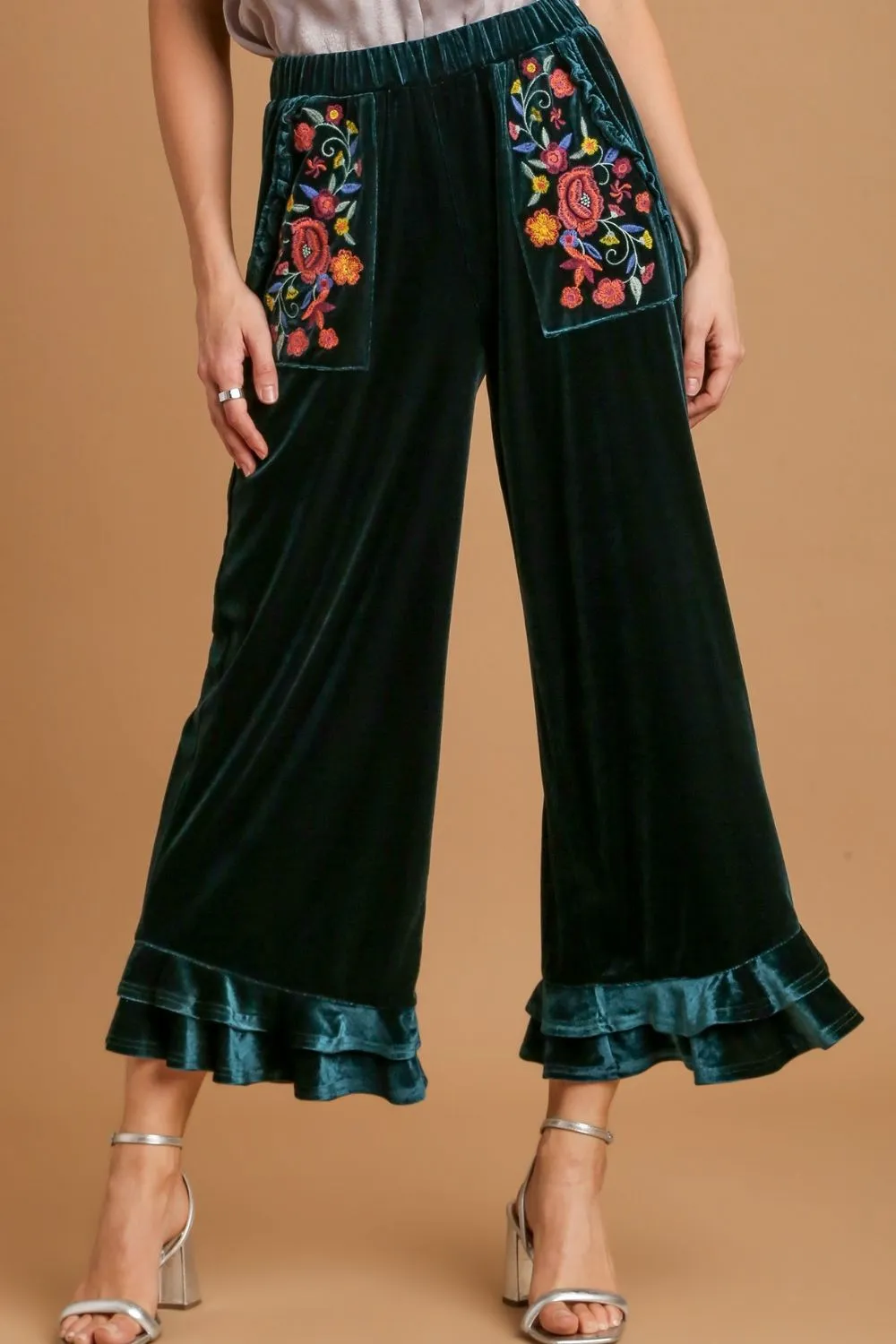 Velvet Bloom Ruffle Pants – Embroidered Pocket Wide Leg Luxe by Umgee (Full Size)