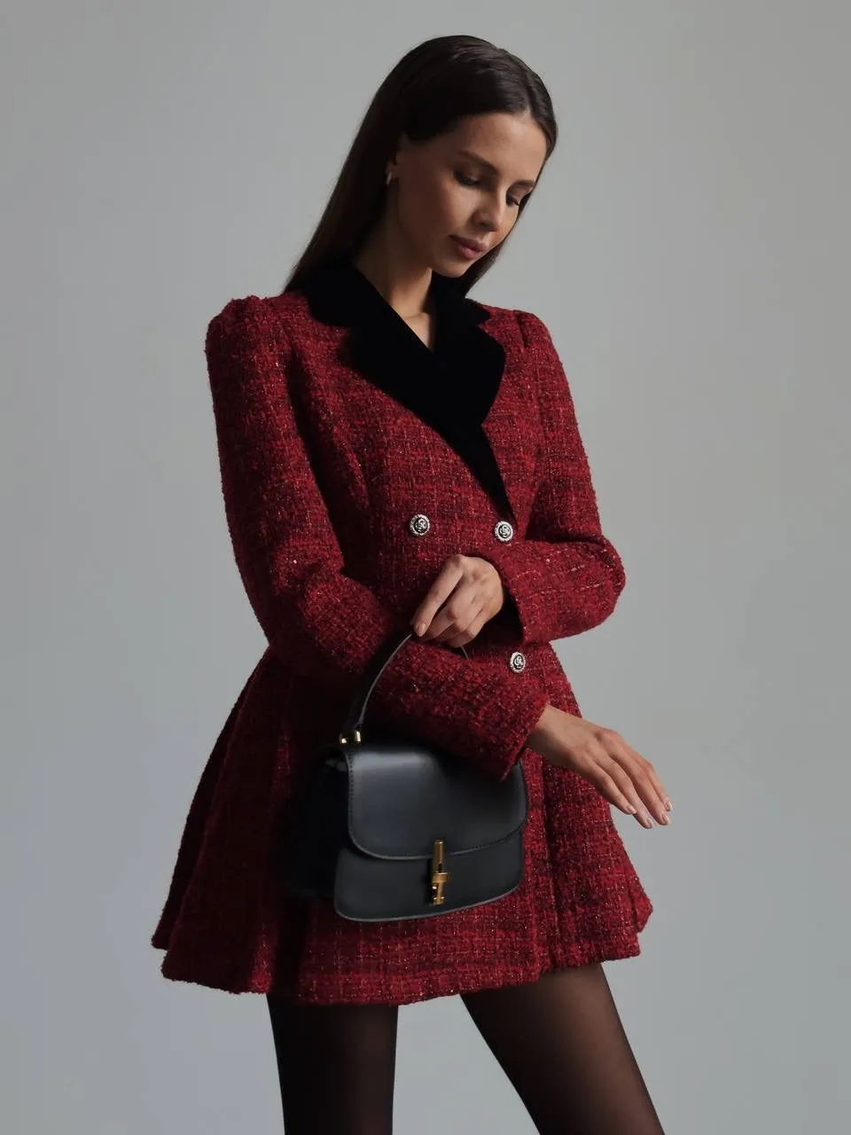 Vintage-Inspired Burgundy Tweed Coat Dress