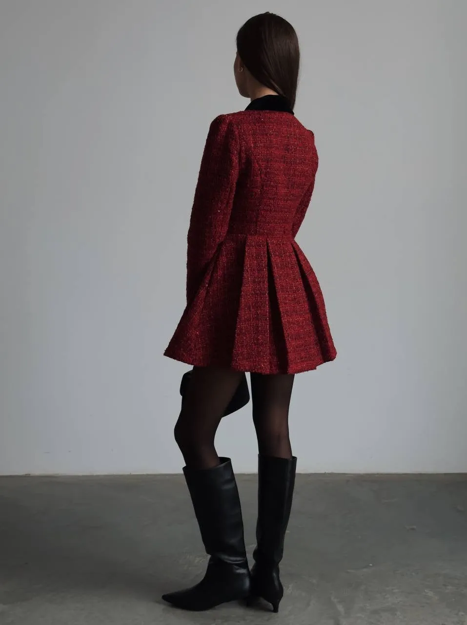 Vintage-Inspired Burgundy Tweed Coat Dress