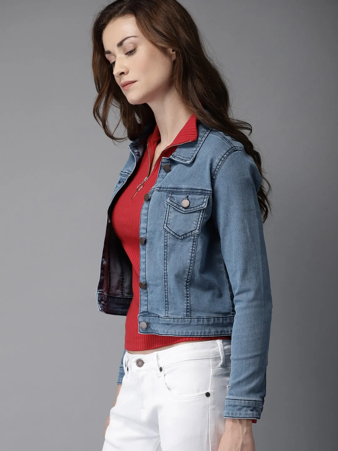 Women Blue Solid Crop Jacket