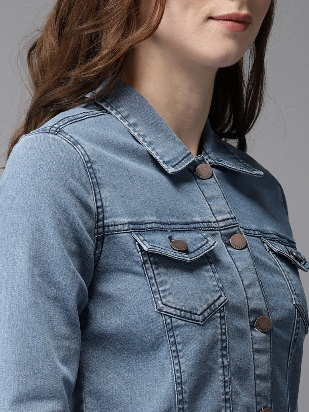 Women Blue Solid Crop Jacket