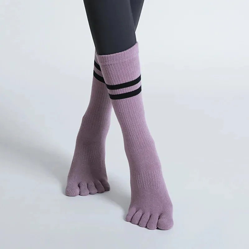 Women Non-Slip Five-Toes Yoga Socks - Mid-Tube Breathable Pilates Sports Sock, Ladies Cotton Fitness Dance Ballet Socks