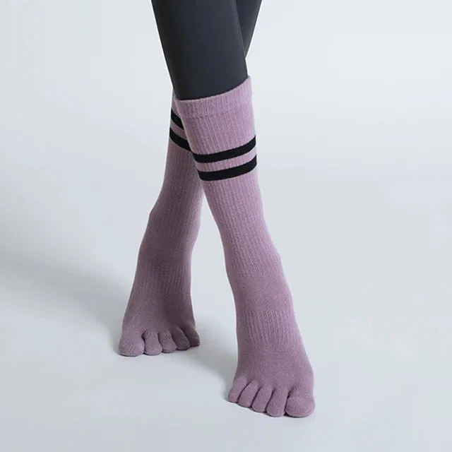 Women Non-Slip Five-Toes Yoga Socks - Mid-Tube Breathable Pilates Sports Sock, Ladies Cotton Fitness Dance Ballet Socks