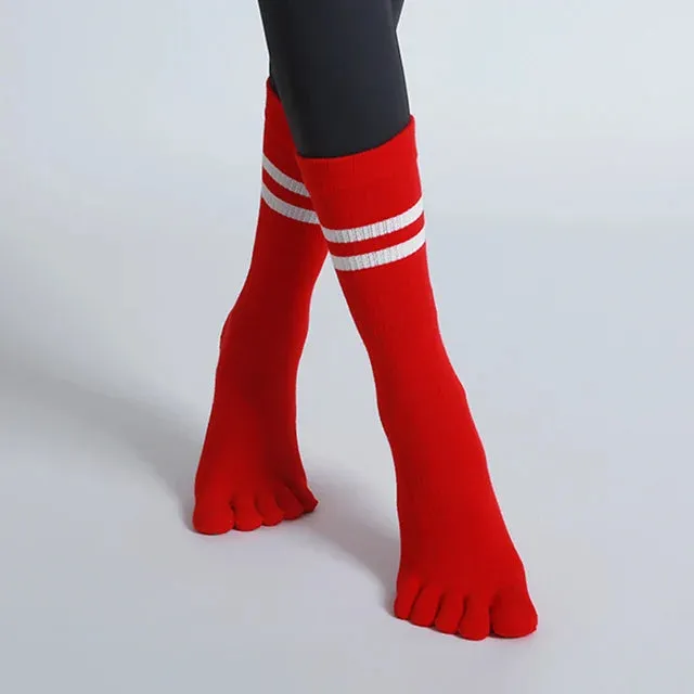 Women Non-Slip Five-Toes Yoga Socks - Mid-Tube Breathable Pilates Sports Sock, Ladies Cotton Fitness Dance Ballet Socks