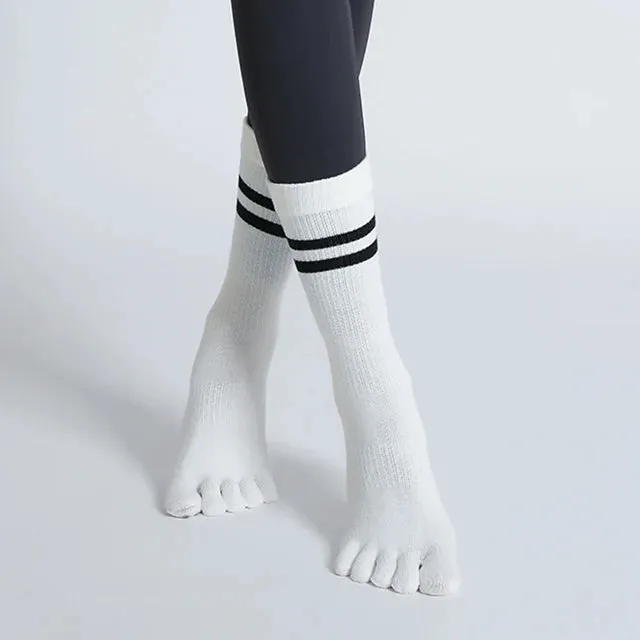 Women Non-Slip Five-Toes Yoga Socks - Mid-Tube Breathable Pilates Sports Sock, Ladies Cotton Fitness Dance Ballet Socks