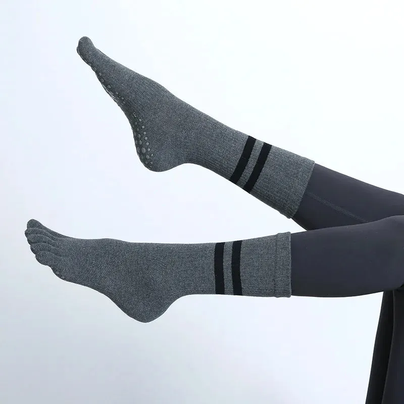 Women Non-Slip Five-Toes Yoga Socks - Mid-Tube Breathable Pilates Sports Sock, Ladies Cotton Fitness Dance Ballet Socks