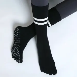 Women Non-Slip Five-Toes Yoga Socks - Mid-Tube Breathable Pilates Sports Sock, Ladies Cotton Fitness Dance Ballet Socks
