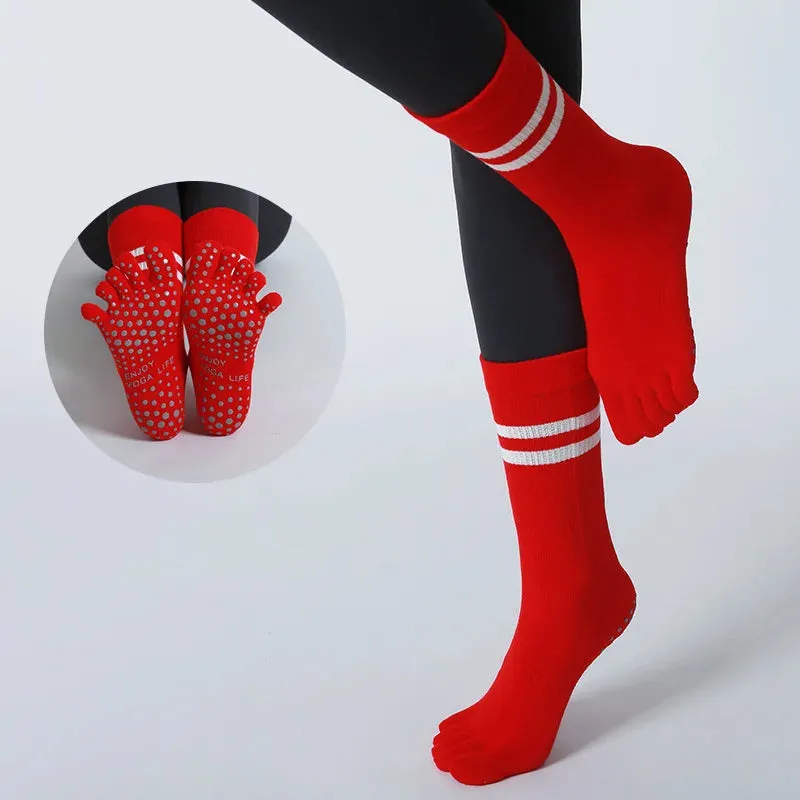 Women Non-Slip Five-Toes Yoga Socks - Mid-Tube Breathable Pilates Sports Sock, Ladies Cotton Fitness Dance Ballet Socks